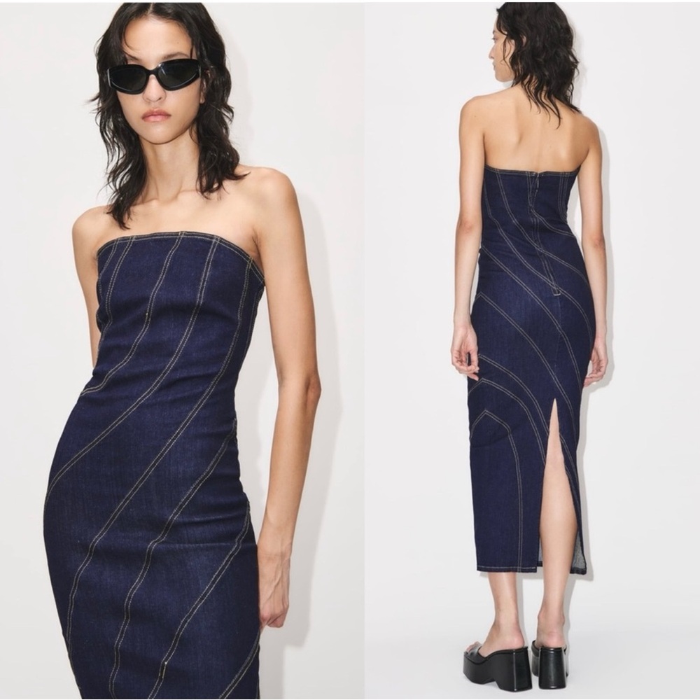 ZARA Topstitched Denim Dress worn once! Sz Small. Midi length in dark blue.